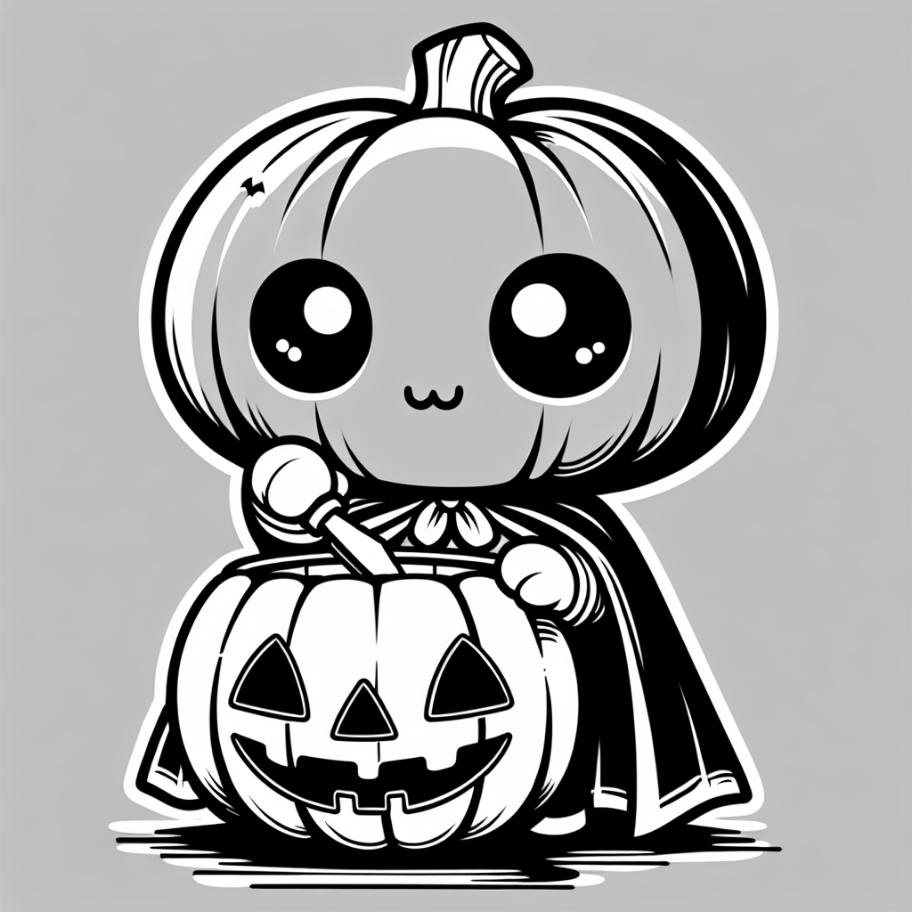 Page à colorier d'un personnage de citrouille, d'un enfant qui fait du porte-à-porte, sculptant une citrouille d'Halloween.