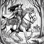 Page de coloriage d’une cavalière de Quarter Horse, princesse guerrière fantastique chevauchant à travers une forêt