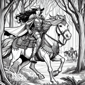 Coloring page of a Quarter Horse female rider, fantasy warrior princess riding through a forest