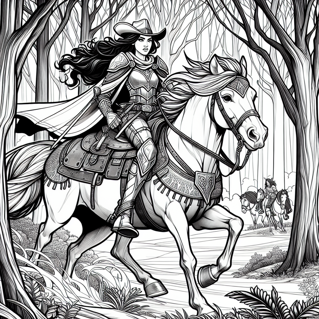 Coloring page of a Quarter Horse female rider, fantasy warrior princess riding through a forest