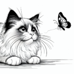 Page à colorier d’un chat Ragdoll, chat curieux qui poursuit un papillon