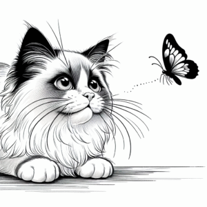 Coloring page of a Ragdoll cat, curious cat chasing a butterfly