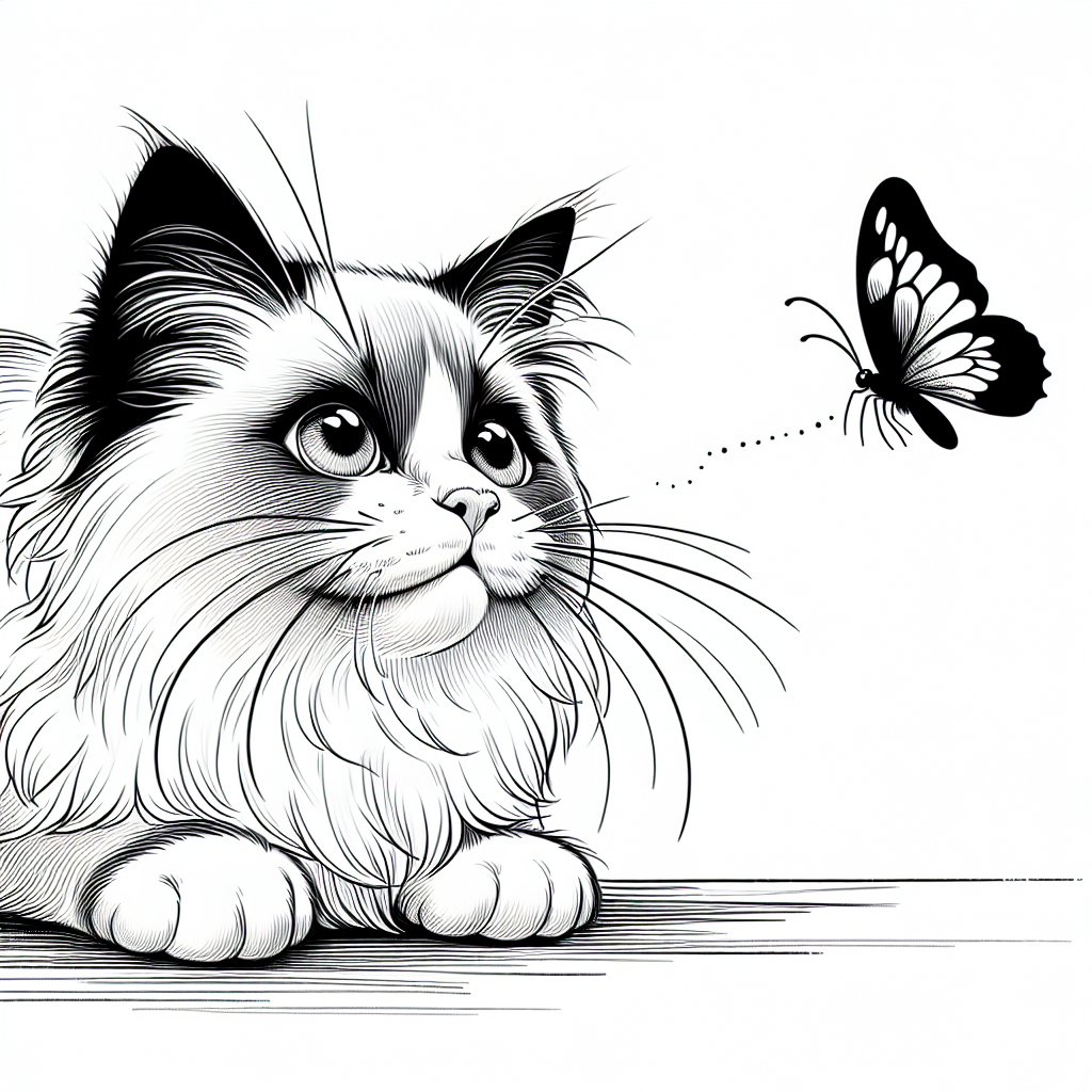Coloring page of a Ragdoll cat, curious cat chasing a butterfly