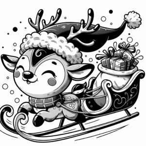 Coloring page of a reindeer, holiday helper flying in a sleigh
