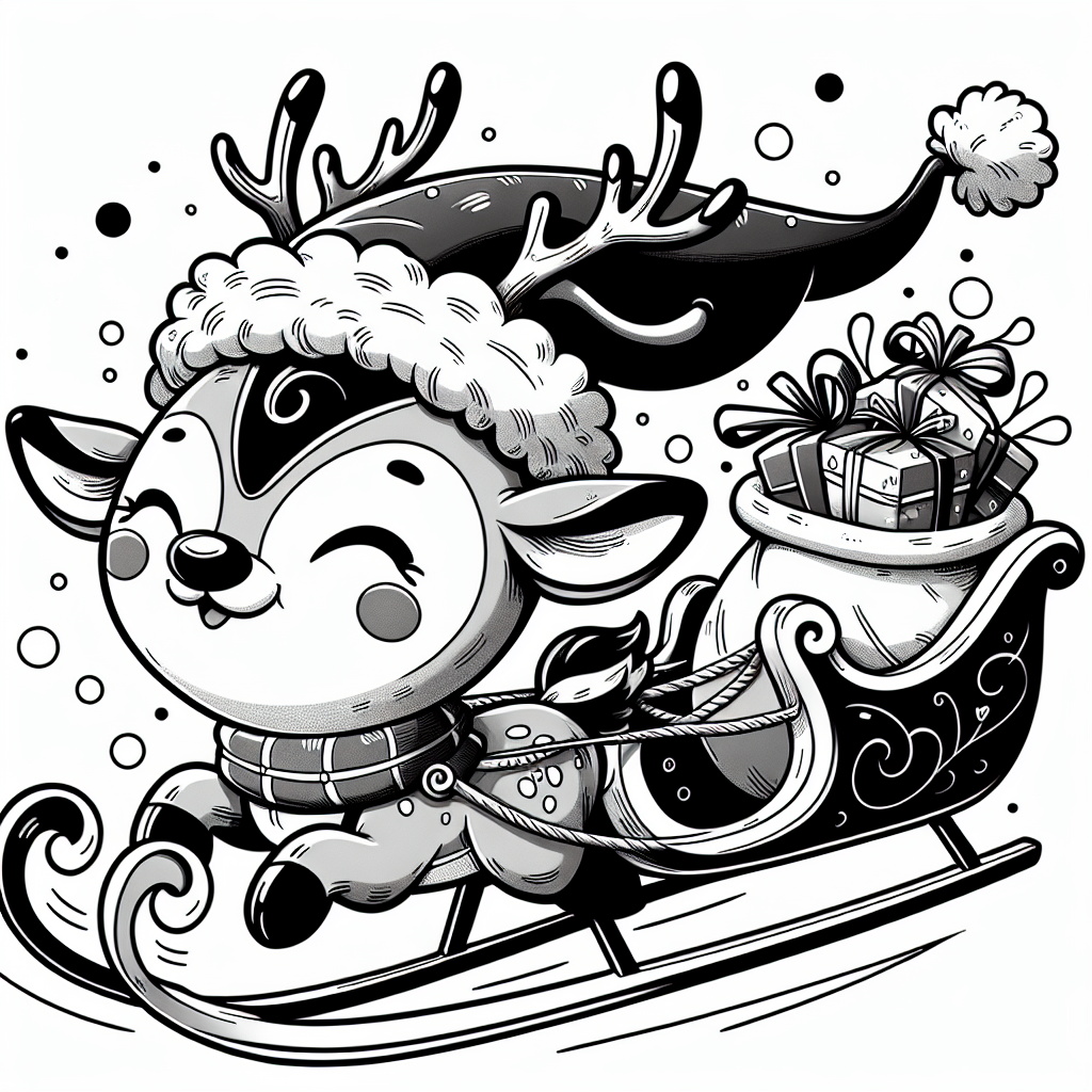 Coloring page of a reindeer, holiday helper flying in a sleigh