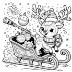 Page de coloriage d’un renne, lanceur de boules de neige volant dans un traîneau