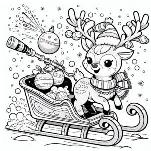Coloring page of a reindeer, snowball thrower flying in a sleigh
