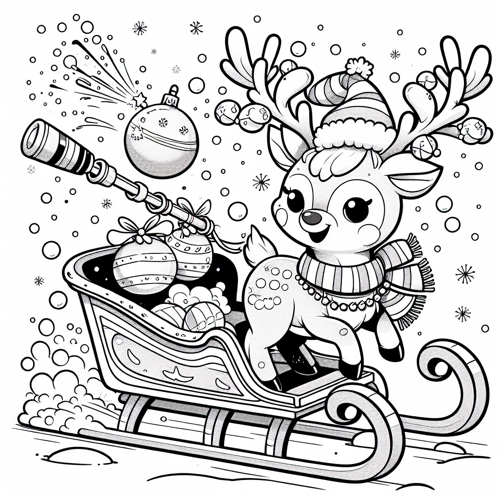 Coloring page of a reindeer, snowball thrower flying in a sleigh