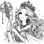 Page de coloriage d’une demoiselle royale, douce rêveuse tenant un sceptre