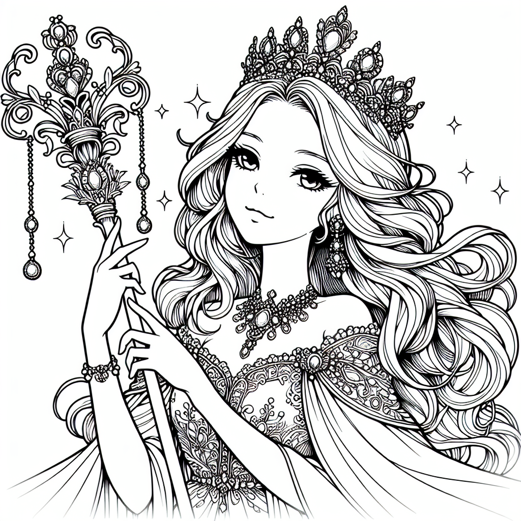 Coloring page of a royal maiden, gentle dreamer holding a scepter