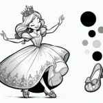 Page à colorier d’une demoiselle royale, reine bienveillante dansant à un bal