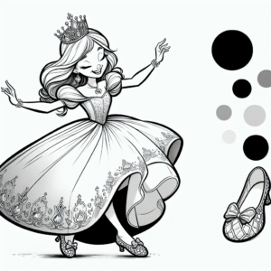 Coloring page of a royal maiden, kind ruler dancing at a ball
