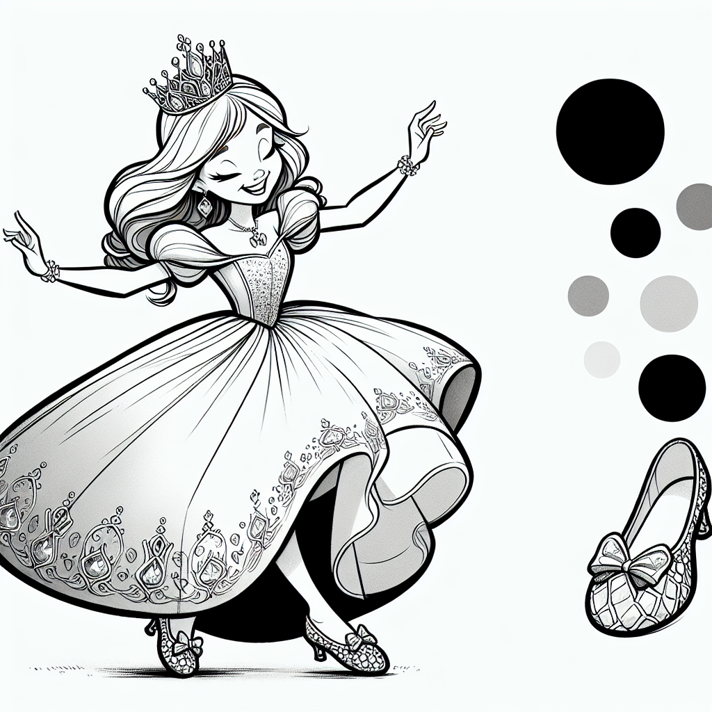 Coloring page of a royal maiden, kind ruler dancing at a ball