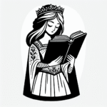 Page à colorier d’une demoiselle royale, gentille souveraine lisant un ancien livre