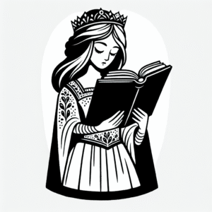 Coloring page of a royal maiden, kind ruler reading an ancient book