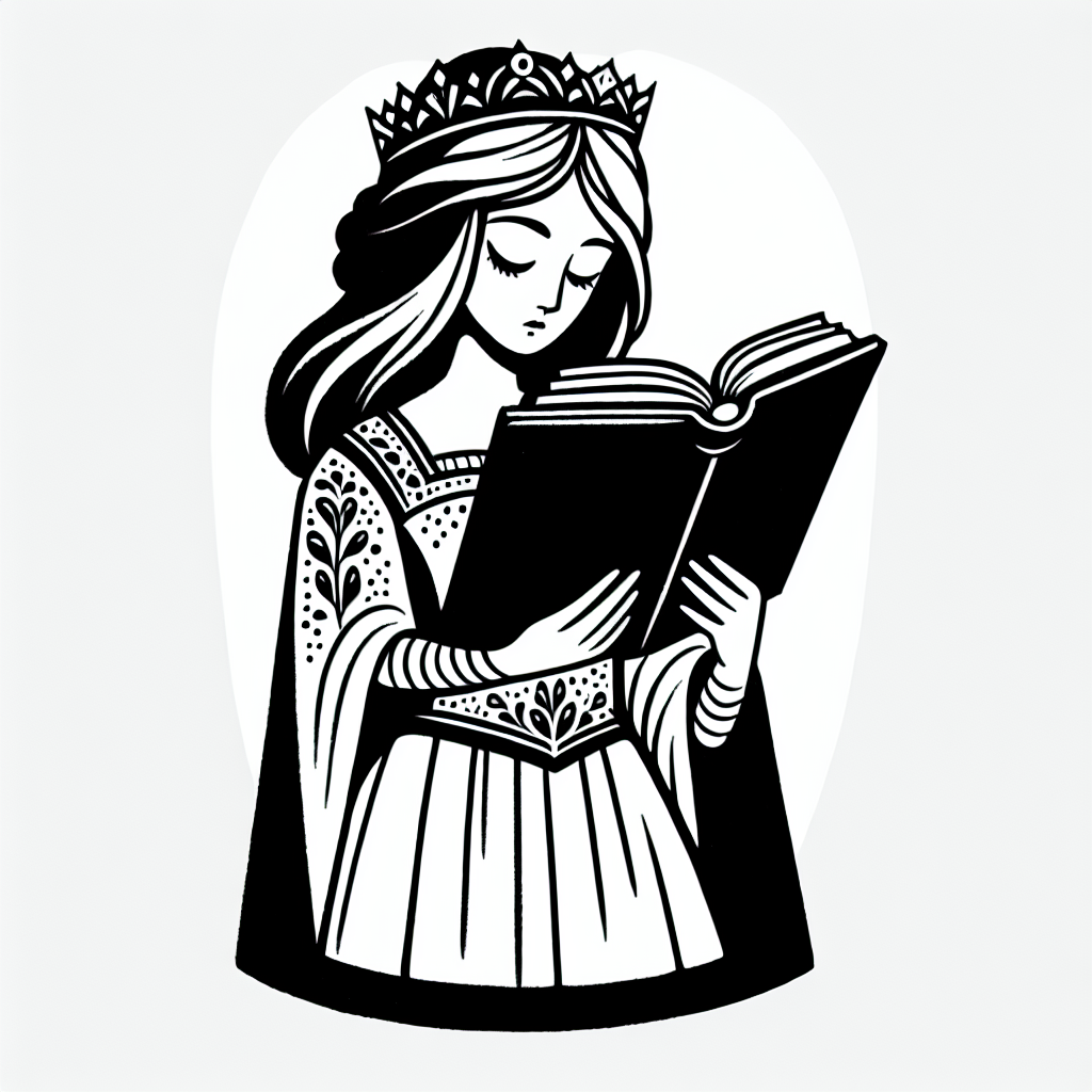Coloring page of a royal maiden, kind ruler reading an ancient book