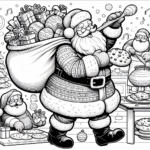 Coloring page of a Santa Claus, caroler baking cookies