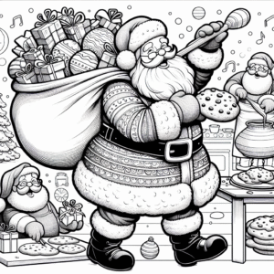 Coloring page of a Santa Claus, caroler baking cookies