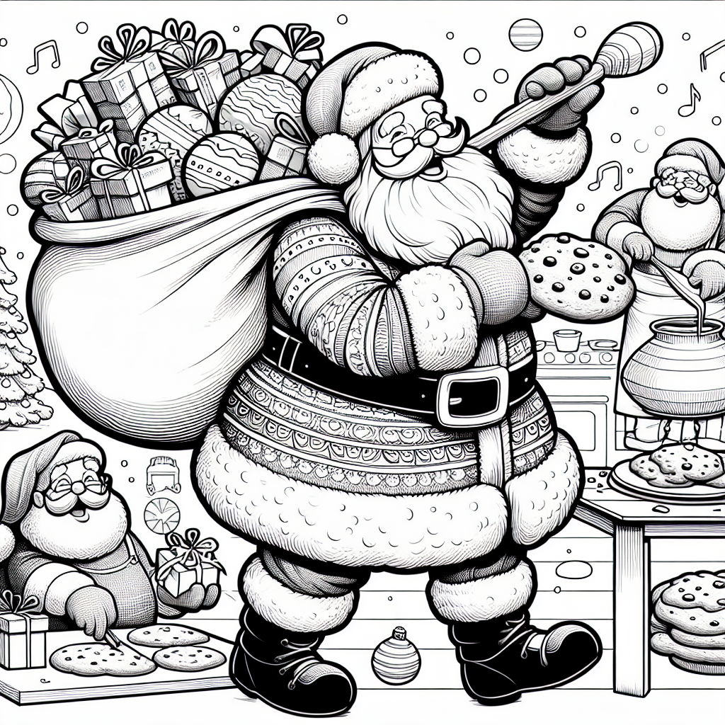 Page à colorier d'un Père Noël, chanteur de cantiques faisant des biscuits