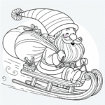 Coloring page of a Santa Claus, sleigh rider flying in a sleigh