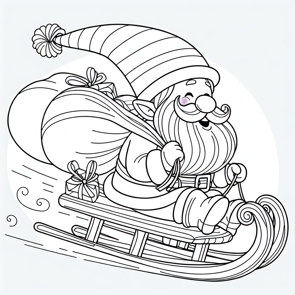 Page de coloriage d'un père Noël, conducteur de traîneau volant dans un traîneau
