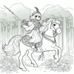 Coloring page of a Shetland pony female rider, equestrian athlete riding through a forest