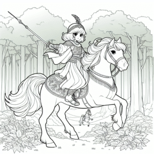 Coloring page of a Shetland pony female rider, equestrian athlete riding through a forest
