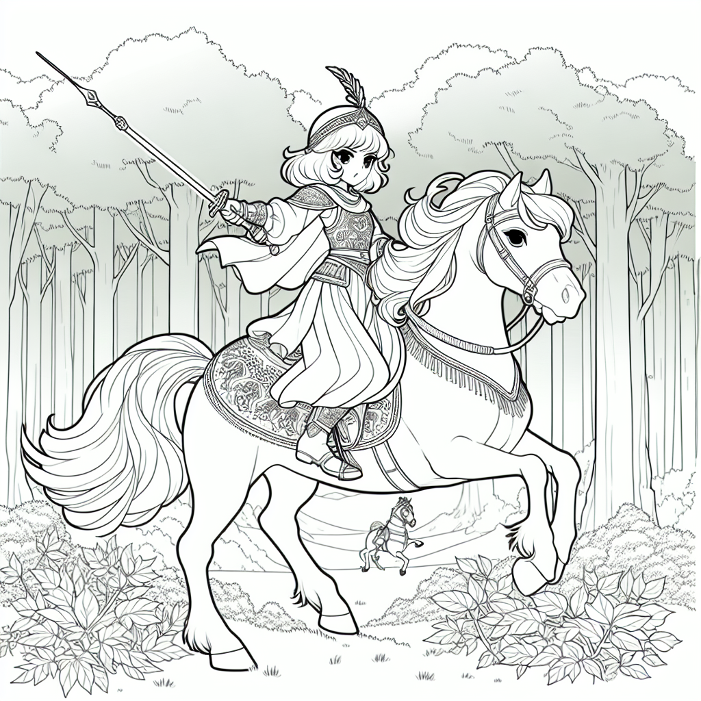 Coloring page of a Shetland pony female rider, equestrian athlete riding through a forest