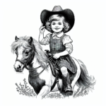 Page de coloriage d’une fille de poney Shetland montant un cheval, fille de village sur un poney posant fièrement avec son cheval