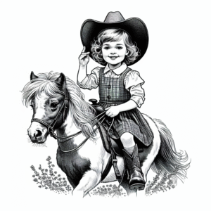 Coloring page of a Shetland pony girl riding a horse, village girl on a pony posing proudly with her horse