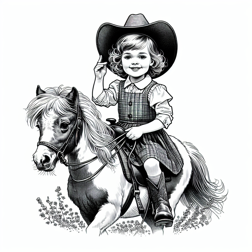 Coloring page of a Shetland pony girl riding a horse, village girl on a pony posing proudly with her horse