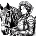 Page à colorier d’une cavalière de cheval Shire, chevalière médiévale posant fièrement avec son cheval