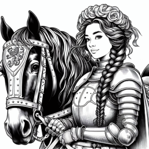 Coloring page of a Shire horse female rider, medieval knightess posing proudly with her horse