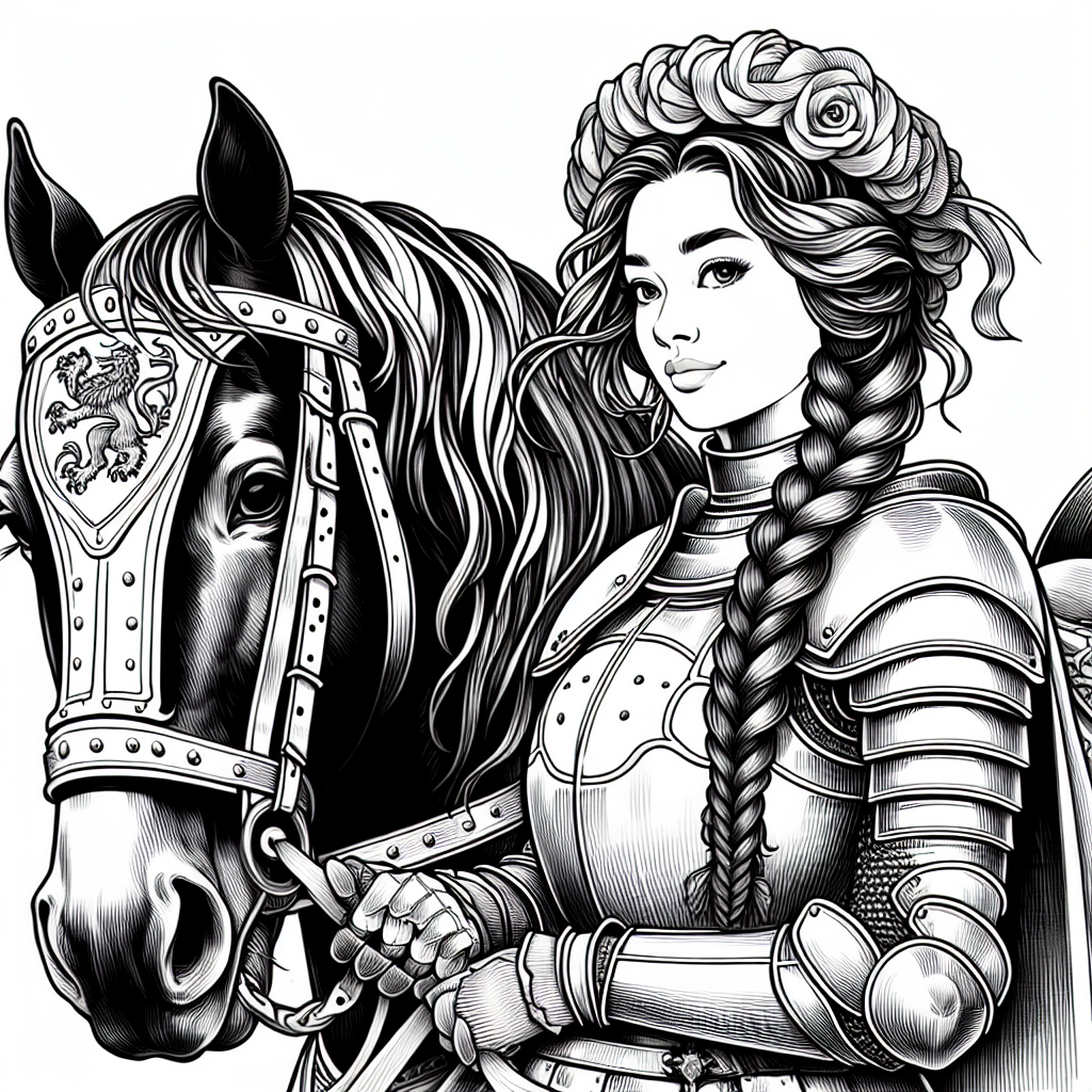 Coloring page of a Shire horse female rider, medieval knightess posing proudly with her horse
