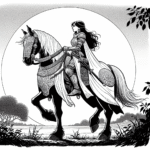 Coloring page of a Shire horse girl riding a horse, village girl on a pony riding at sunset