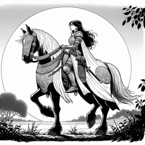 Coloring page of a Shire horse girl riding a horse, village girl on a pony riding at sunset