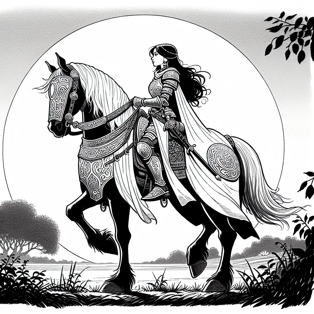Page de coloriage d'une fille de Shire chevauchant un cheval, fille du village sur un poney chevauchant au coucher du soleil