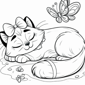 Coloring page of a Siamese cat, lazy napper chasing a butterfly