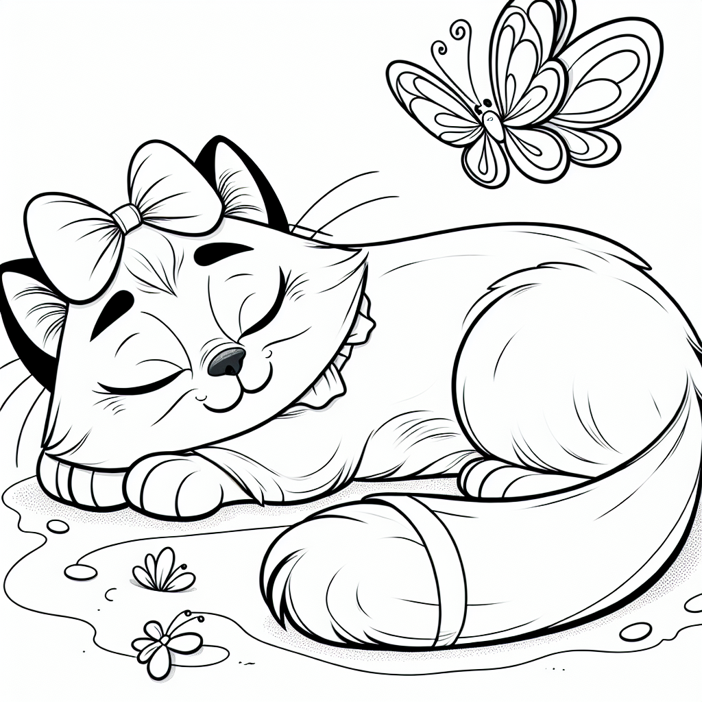 Coloring page of a Siamese cat, lazy napper chasing a butterfly