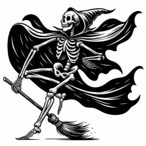 Coloring page of a skeleton dancer, spooky monster flying on a broom