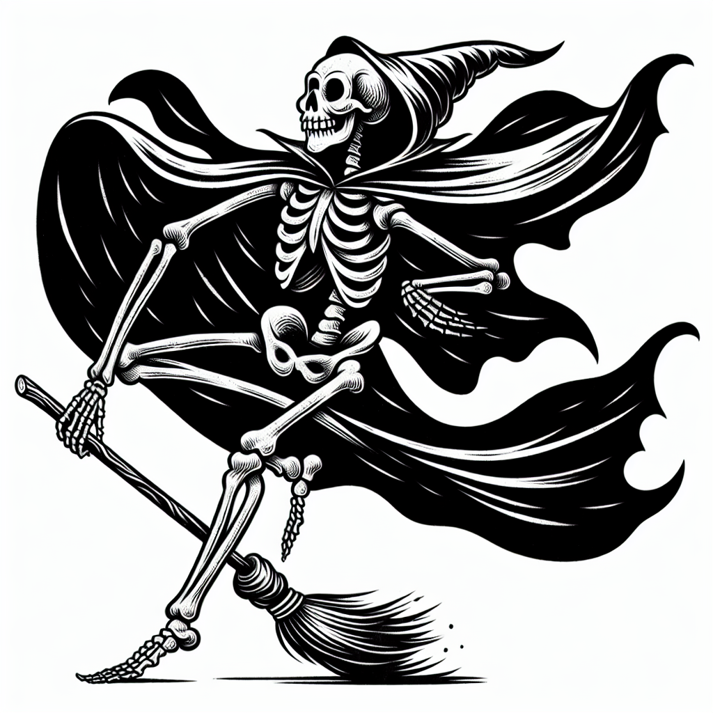 Coloring page of a skeleton dancer, spooky monster flying on a broom