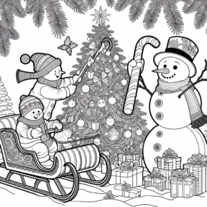 Coloring page of a snowman, sleigh rider decorating a tree