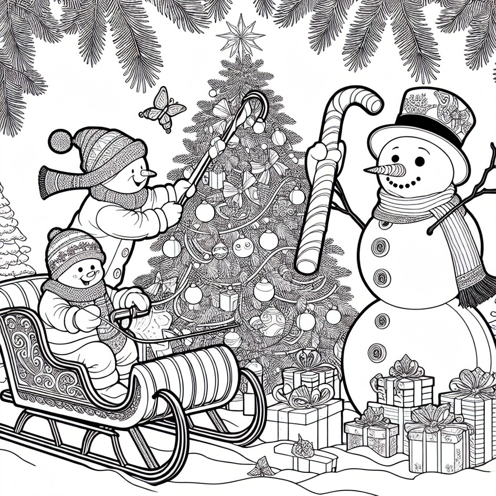Coloring page of a snowman, sleigh rider decorating a tree