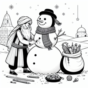 Coloring page of a snowman, toy maker building a snowman