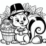 Coloring page of a squirrel with acorn, thanksgiving dinner guest holding a basket of vegetables
