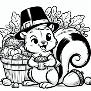 Coloring page of a squirrel with acorn, thanksgiving dinner guest holding a basket of vegetables