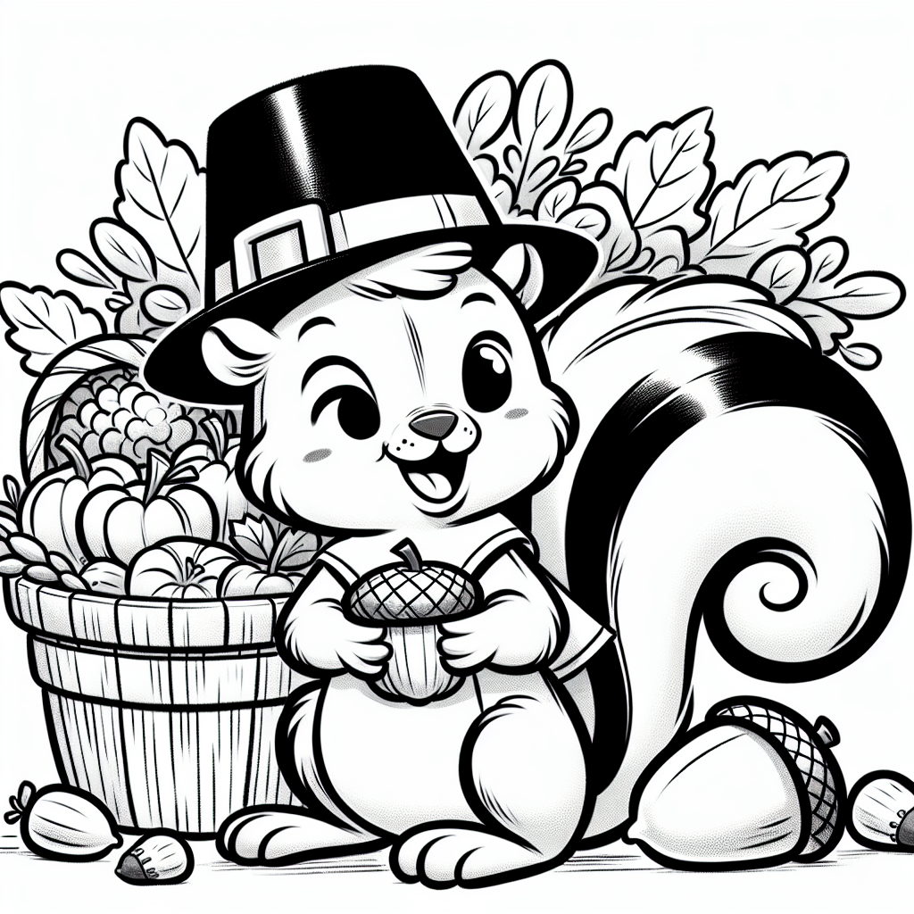 Page à colorier d'un écureuil avec un gland, invité au dîner de Thanksgiving tenant un panier de légumes