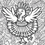 Coloring page of a turkey, fall festival dancer dancing in autumn leaves