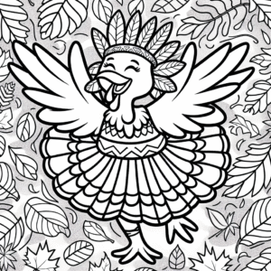 Coloring page of a turkey, fall festival dancer dancing in autumn leaves