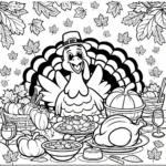 Coloring page of a turkey, thanksgiving dinner guest sharing a meal